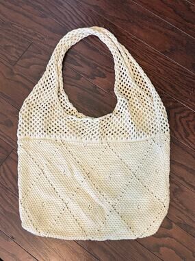 Boho Boho Crochet Knit Hobo Tote Bag Cream Open Weave Slouchy Shoulder Bag